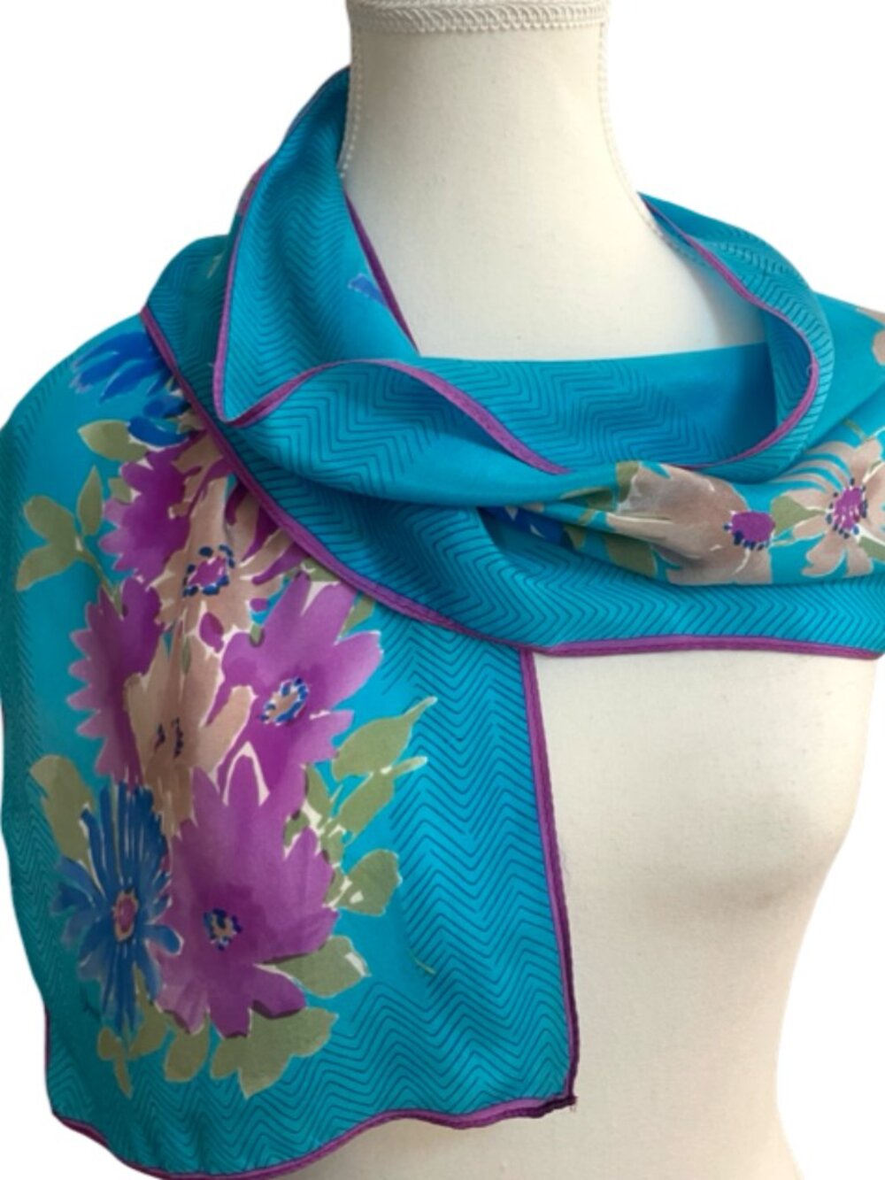Vera Floral Silk Feel Oblong Scarf Turquoise Purple Blue 50" x 10"